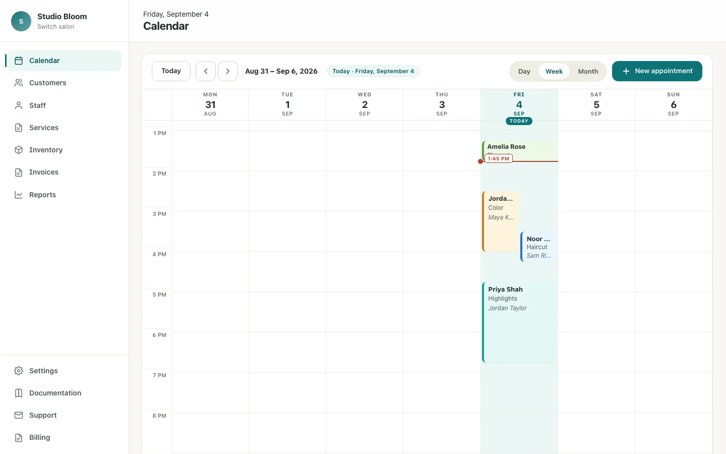 Chairbase weekly calendar with appointments assigned to three providers