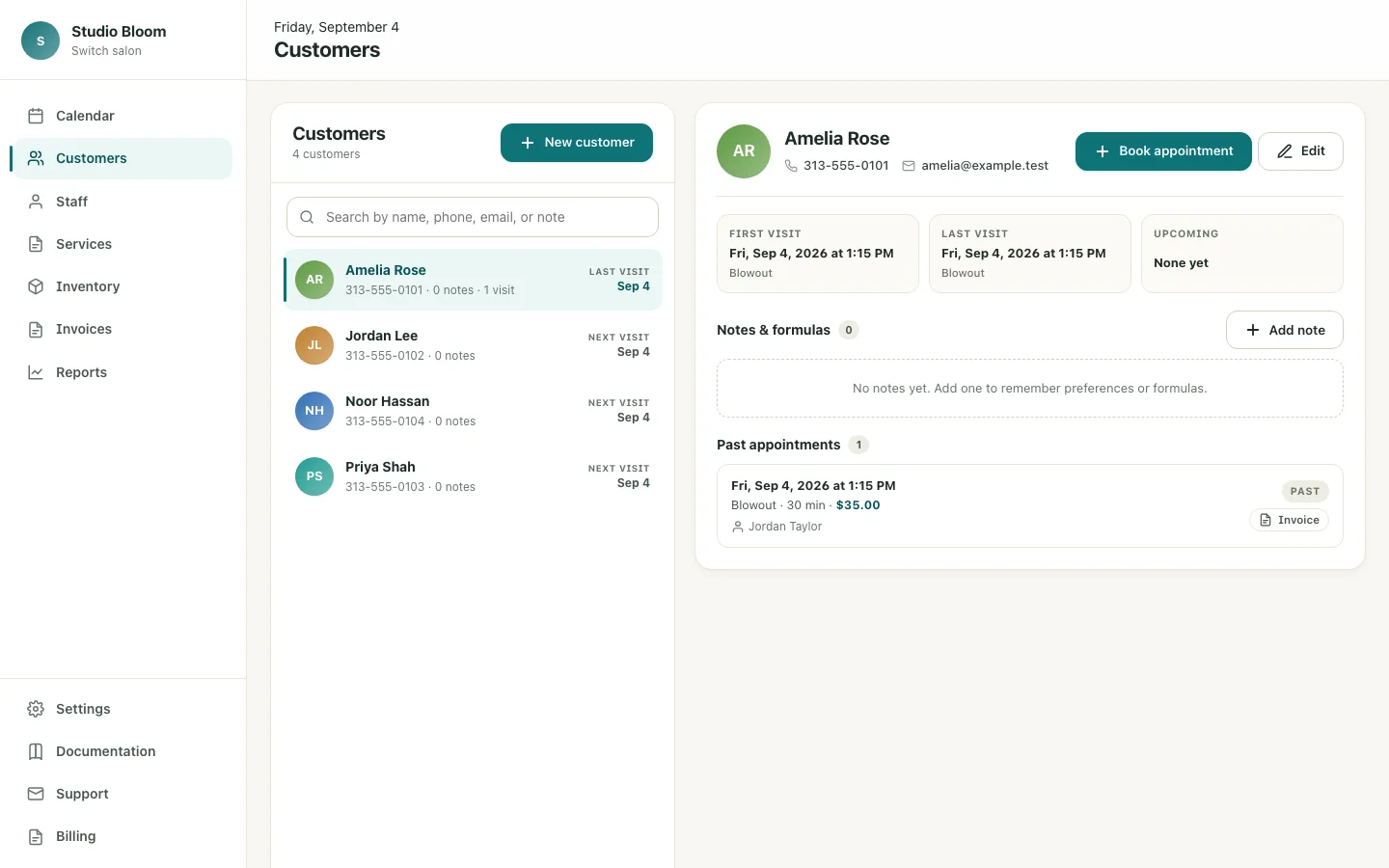 Chairbase customer list and customer profile with visit history