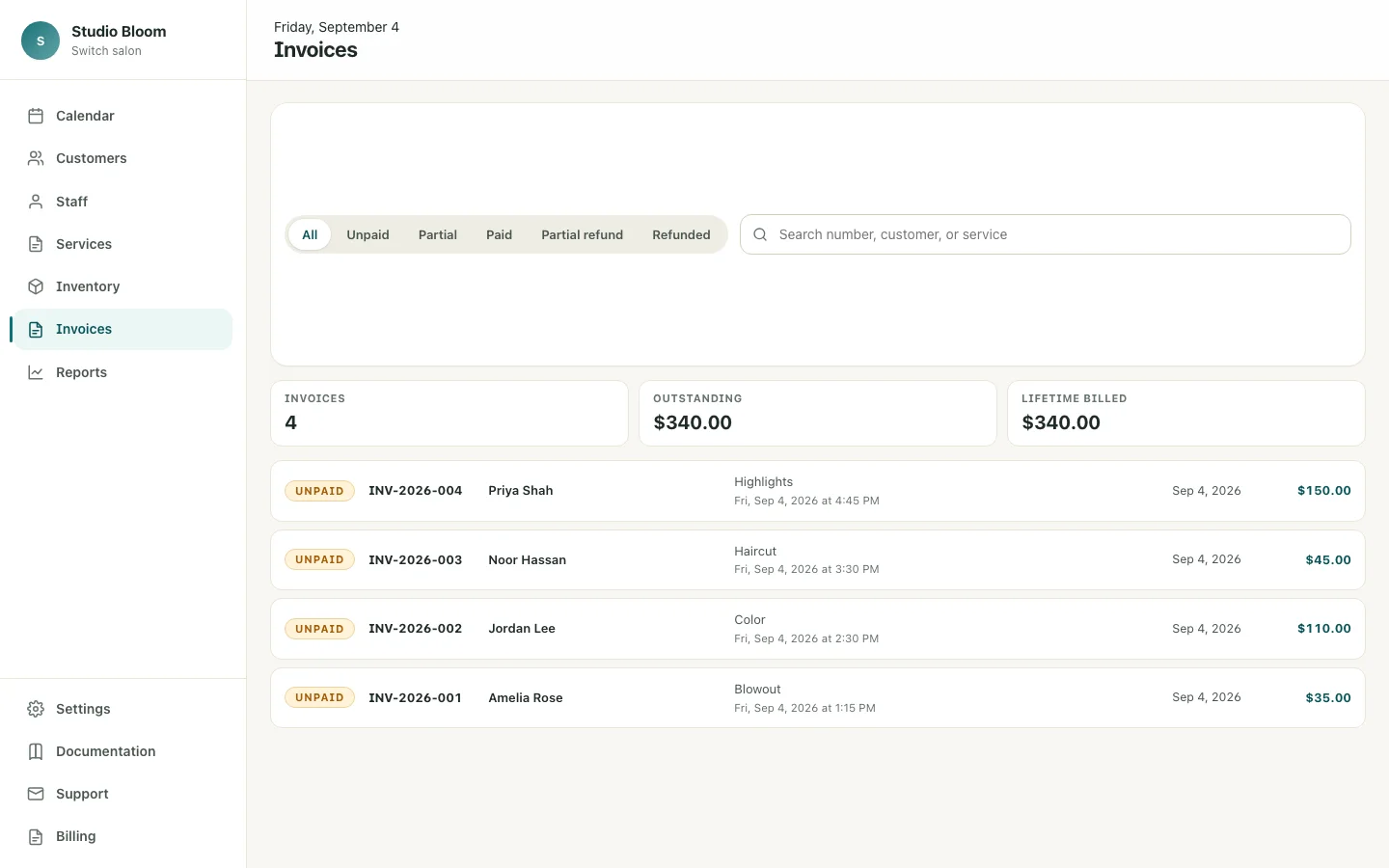 Chairbase invoice list with balances and payment status