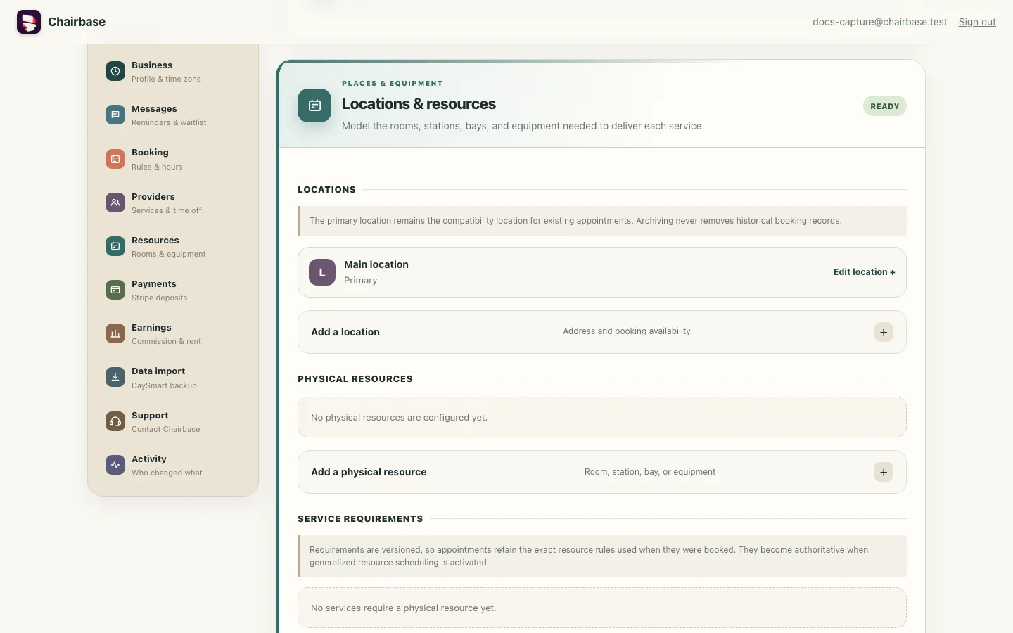 Chairbase resource settings for locations, physical resources, and service requirements