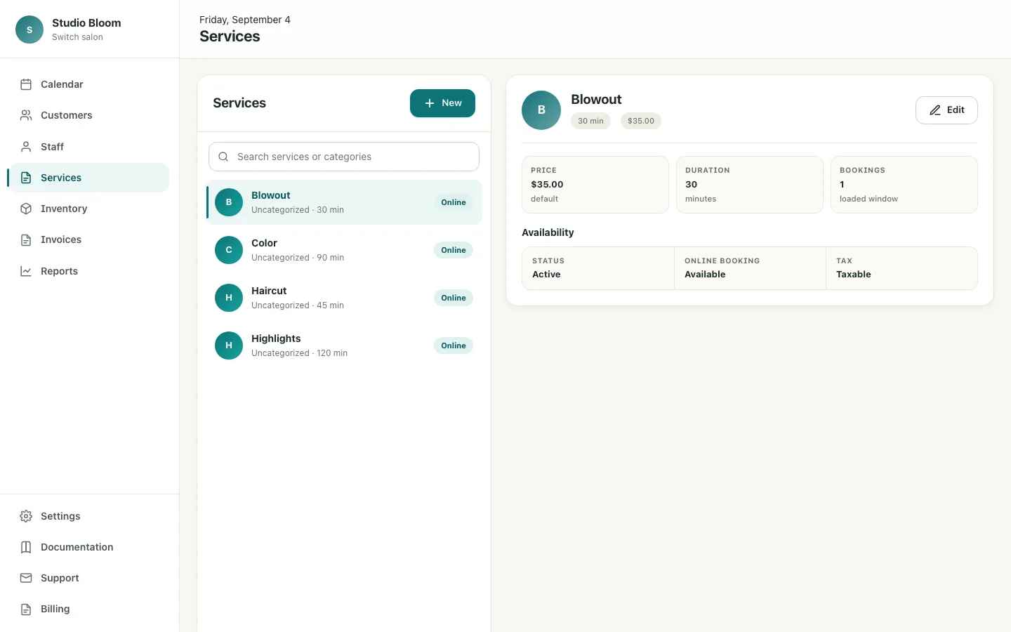 Chairbase service catalog with service list and service details