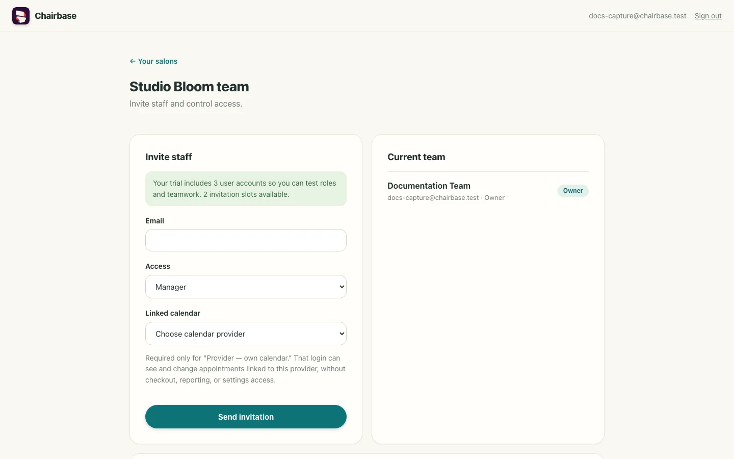 Chairbase team invitation form with roles and linked-provider permissions